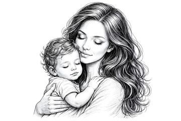 Tender Pencil Sketch of a Loving Mother Embracing her Sleeping Baby with Eyes Closed