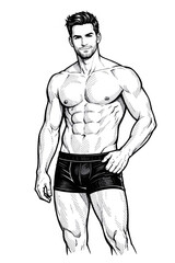 Athletic Muscular Man in Black Boxer Briefs Standing Pose Pencil Sketch Illustration