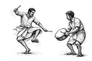 Traditional Indian Dhak Drummers Sketch Performing in Ethnic Attire for Festive Celebration