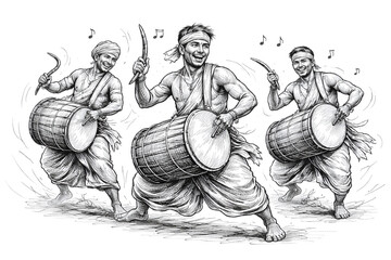 Sketch of Traditional Indian Dhak Drummers Performing in Ethnic Attire for Festive Celebration