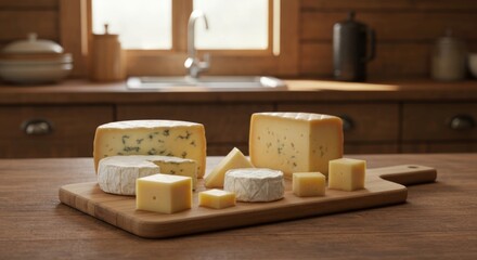 Assortment of gourmet cheeses on a wooden cutting board in a rustic kitchen