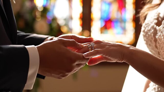 Groom places wedding ring on brides finger during ceremony.
