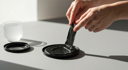 Hands peeling a black mask from a small dish, with a jar beside