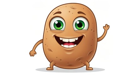 Whimsical Potato Character With Smiling Big Eyes,Celebrating With a Cheerful Waving Limbs on White