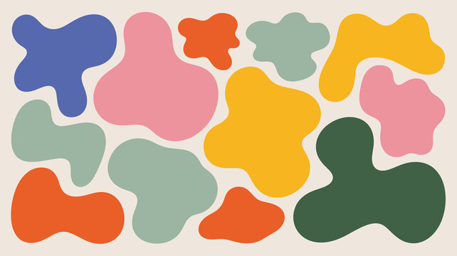 An abstract arrangement of colorful amoeba like shapes fills the frame utilizing a playful palette and organic forms against a cream background high quality professional detailed