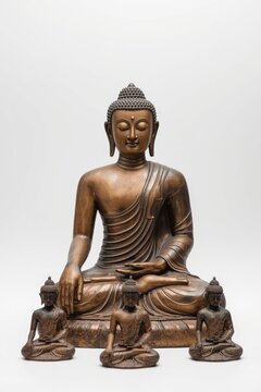 Serene bronze statue of buddha with four smaller buddha figures at its base