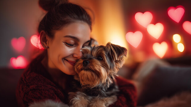 A girl hugs her dog, exuding warmth and joy on Valentine's Day with heart lights around them Generative AI