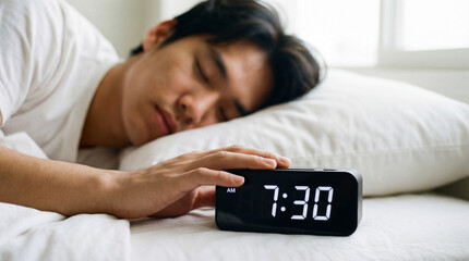 Sleepy man turning off alarm clock at seven thirty in bedroom
