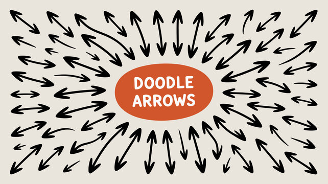 A visually striking image features numerous black arrows radiating outward from a central orange rectangle labeled doodle arrows high quality professional detailed modern elegant stylish clean