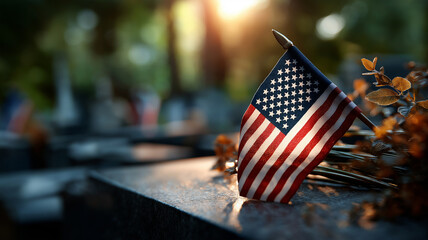 A bright American flag honors fallen heroes at a grave during Memorial Day Generative AI