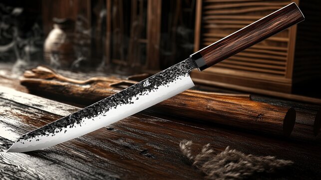 A 3D render of a professional Japanese sushi knife (yanagiba) with a clean blade. For preparing sushi, sashimi, and other fine foods.