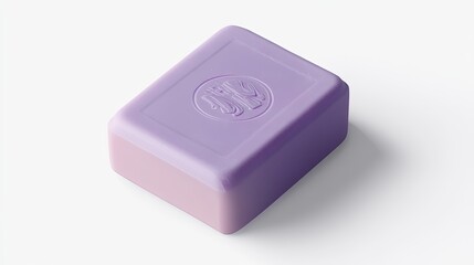 A lavender-colored bar of soap with the word 'Soap' engraved, rendered in a 3D matte finish. Represents aromatherapy, relaxation, and natural beauty products.