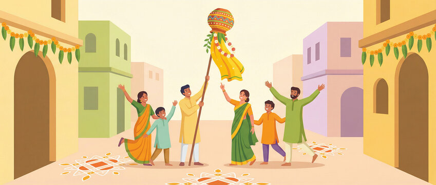 Gudi Padva Hindu new year. joyful gathering of family and friends in bright traditional attire celebrates  festival, raising decorated pole in festive Indian courtyard, colorful rangoli, garlands