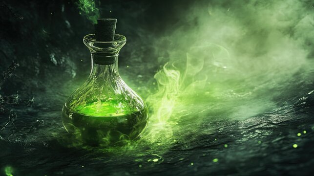 A mysterious bottle filled with a magical, glowing liquid. A fantasy potion concept for games, alchemy, and witchcraft themes. 3D render.