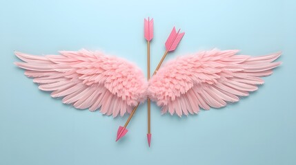Pink angel wing with arrow on pastel blue background, surreal romantic concept for Valentine love and heavenly fantasy design