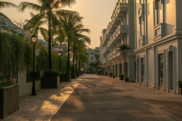 Obraz premium Golden Hour Sunbeams on a Mediterranean Style Street in Sunset Town Phu Quoc