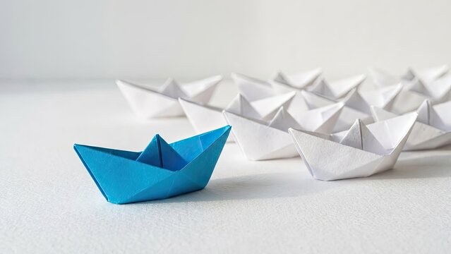 Leading the Way: A single blue origami boat stands out from a fleet of white boats, symbolizing leadership, uniqueness, and direction.