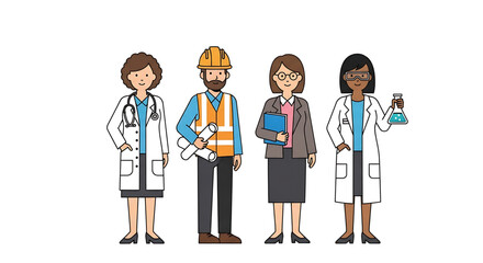 Obraz premium Diverse professionals in various occupations standing together including a doctor engineer businesswoman and scientist representing teamwork and collaboration in a modern