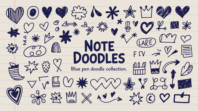 A collection of hand drawn doodles including hearts stars crowns arrows and the words note doodles on lined paper high quality professional detailed modern elegant stylish