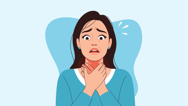Terrified woman clutching her throat with a look of panic, illustrating choking, difficulty breathing, or an allergic reaction.