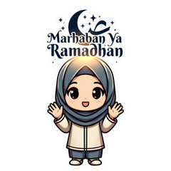Cheerful cartoon Muslim girl in hijab waving, celebrating Marhaban Ya Ramadhan with modern Islamic greeting text