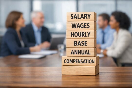Salary wages compensation concept on wooden blocks, business meeting background