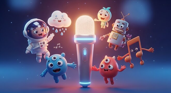 Cute Cartoon Characters Gather Around a Glowing Microphone.