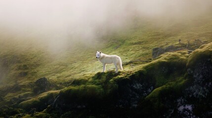 Majestic Arctic Fox on Mossy Outcrop in Misty Landscape