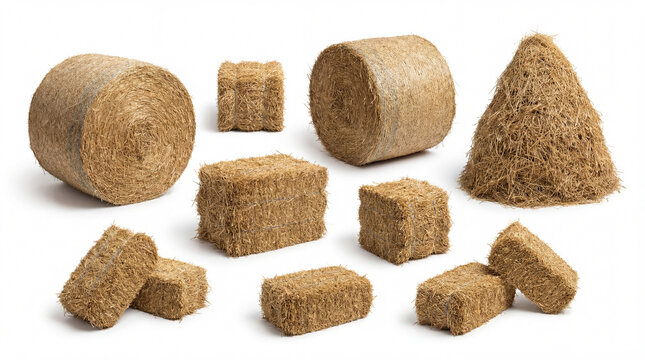 Various hay bales and straw bundles isolated on white background
