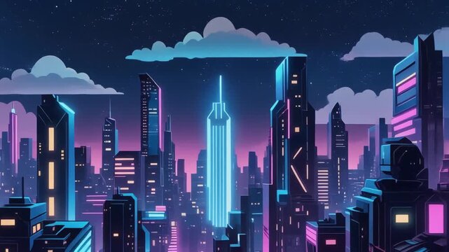 Cyberpunk Cityscape at Night with Neon Lights and Futuristic Skyscrapers Illustration