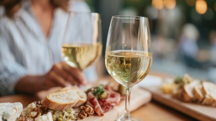 Friends gather around a beautiful wooden table, enjoying a charcuterie board filled with cheeses, meats, and fresh bread. Laughter fills the air as they sip white wine and savor delicious bites