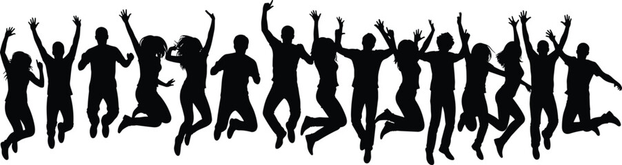Fototapeta premium Large Collection of Happy People Jumping Silhouette Vector Illustration Set, Group of Cheering Men and Women for Celebration Success Joy and Active Lifestyle Design,