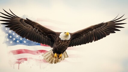 Obraz premium Bald eagle flying against watercolor American flag.