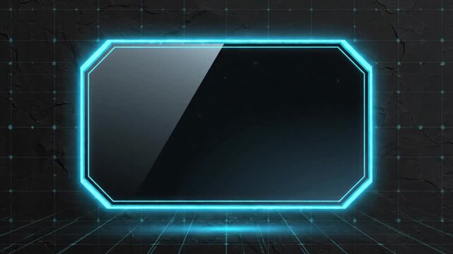 Neon-lit black screen with a blue outline on a dark background with grid lines and a futuristic ambiance.