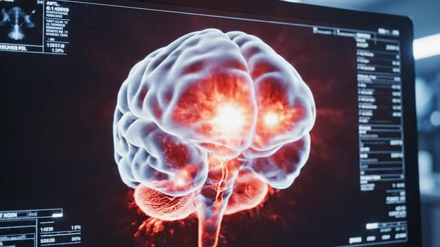 3D human brain scan on monitor in medical lab