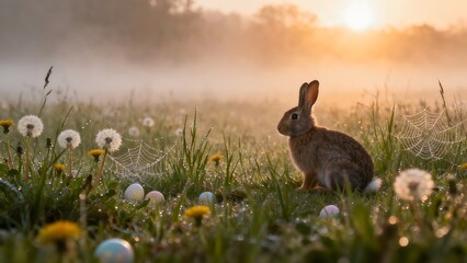 Obraz premium Wild rabbit in misty meadow at sunrise. Dew, dandelions, hidden Easter eggs. Peaceful, spiritual, natural Easter morning atmosphere.