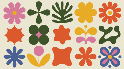 A vibrant collection of stylized floral and botanical shapes in a retro mid century modern aesthetic presented on a cream background high quality professional detailed elegant