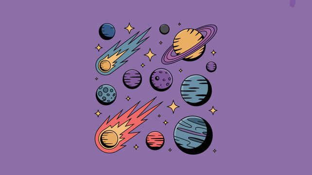 A vibrant illustration depicts a whimsical scene of planets comets and celestial bodies scattered across a purple cosmic expanse high quality professional detailed modern elegant stylish