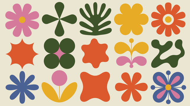 A vibrant collection of stylized floral and botanical shapes in a retro mid century modern aesthetic presented on a cream background high quality professional detailed elegant