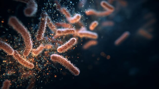 Hyper realistic 4k microscopic visualization of glowing bacteria cells on dark background, detailed microbiology concept for medical research, molecular biology, biotechnology innovation, and laborato