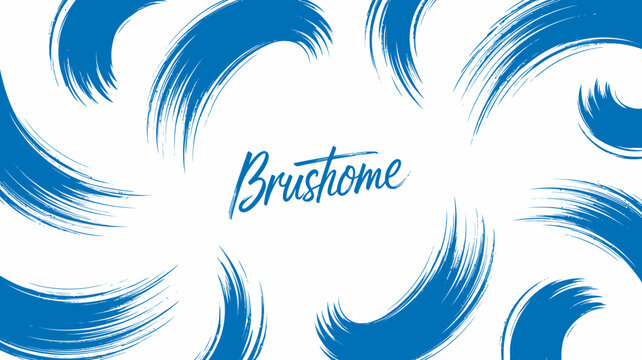 An abstract image displays swirling blue brushstrokes arranged in a circular pattern around the text Brushhome on a white background high quality professional detailed modern elegant