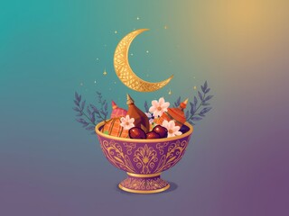 Whimsical floral arrangement in a decorative bowl under a crescent moon