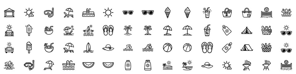 Summer Vacation and Beach Holiday Outline Icons Collection