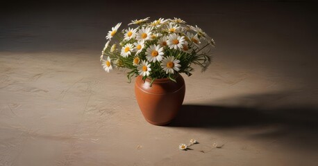 daisies in rustic vase casting shadow on floor,  sunlit,  flower © ทองขาร พอใจ