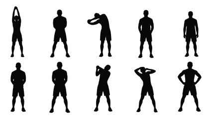 Fototapeta premium A collection of eight black silhouettes of people performing various exercises. Vector