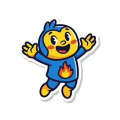 Naklejka premium A cartoon character wearing blue clothing and a flame emblem is jumping with arms outstretched happily illustrated in r46.eps style.