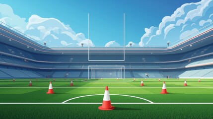 A vibrant rugby stadium ready for an upcoming match with empty stands and clear skies.