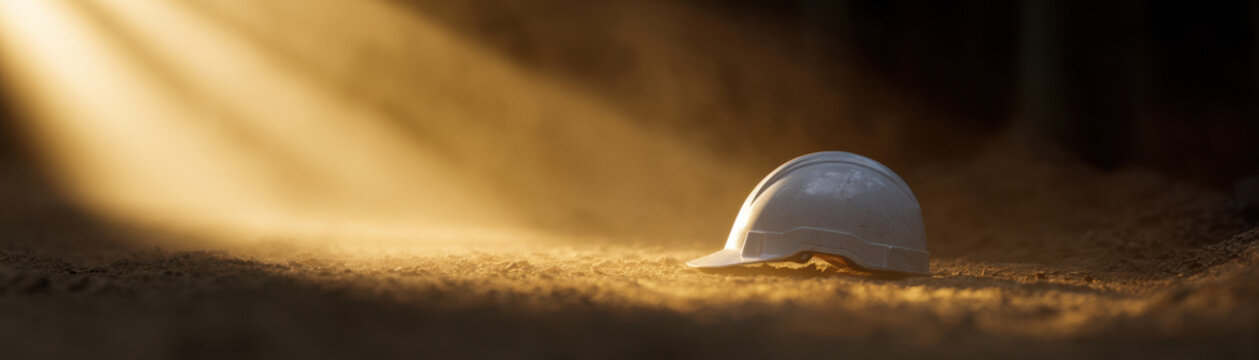 White construction safety helmet placed on dusty ground with warm sunlight beam shining in dark tunnel