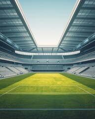 Empty stadium field under a vast, modern roof structure.
