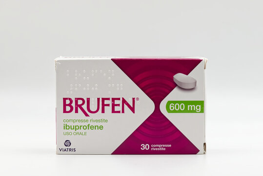 Bologna - Italy - February 9, 2026: Brufen 600 mg by Viatris ibuprofen tablets retail box isolated on white background.